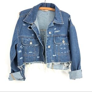 Highway Jeans Distressed Cropped Raw Hem Jean Denim Jacket Sz Large NWOT